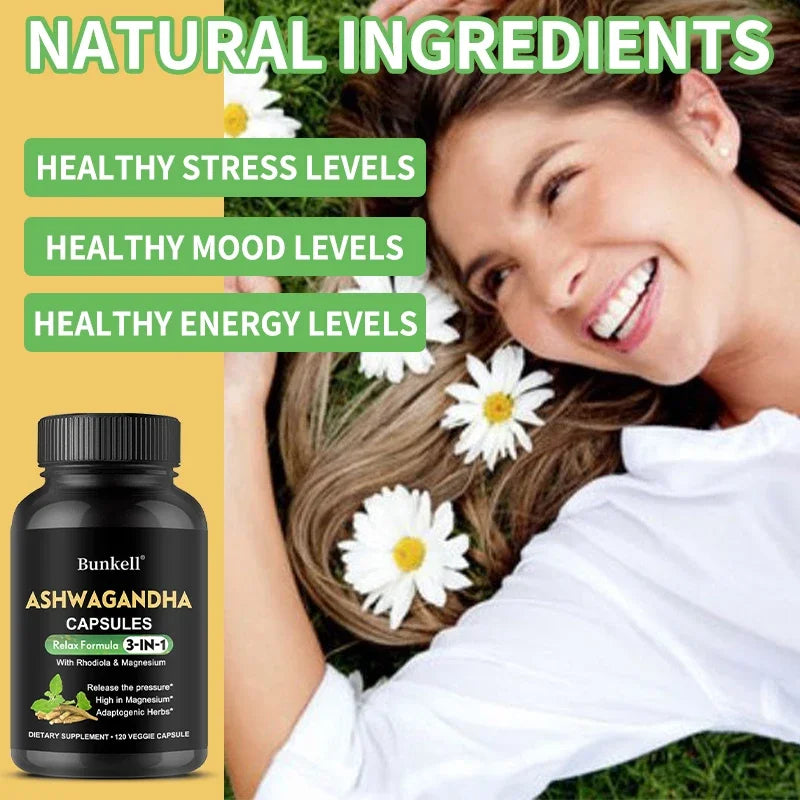 Ashwagandha + Magnesium Capsules - Provide Energy, Strength, Vitality, and Performance for Men and Women, and Promote Sleep.