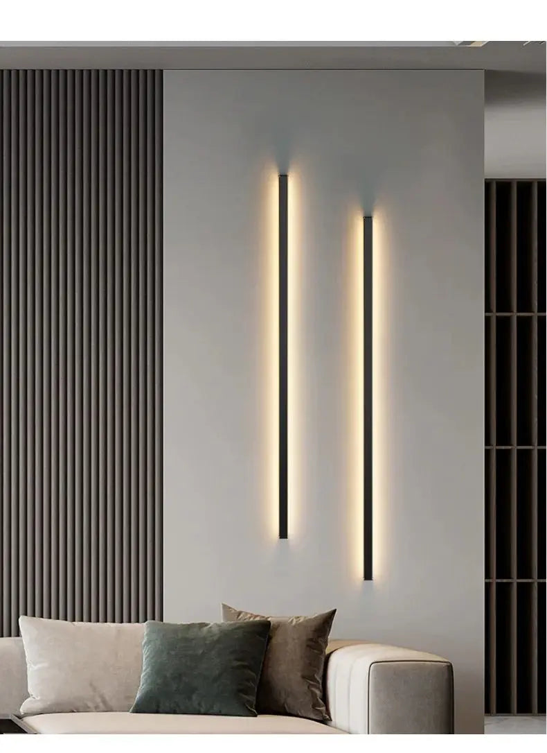 Modern minimalist bedroom, narrow and slender strip wall lamp at the head of the bed, background wall, room lighting decoration