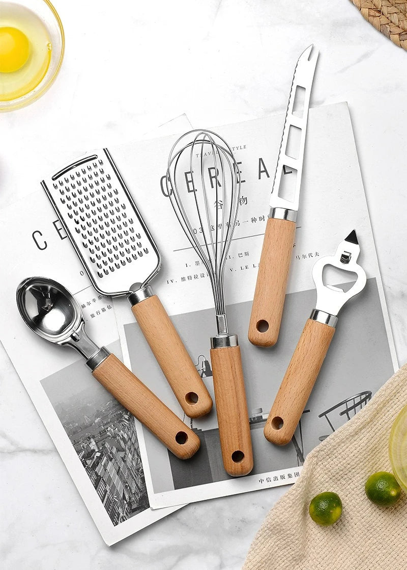 Kitchen Gadget Set with Wooden Handle, Stainless Steel Kitchen Tools Bottle/Can Opener, IceCream Scoop, Pizza Cutter, Peeler....