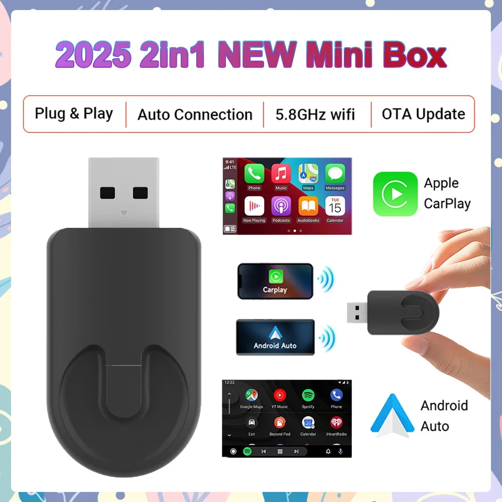 Wired to Wireless CarPlay&Android Auto 2in1 Mini Adapter USB 5GHz WiFi Suitable for 99% of original wired carplay/auto cars