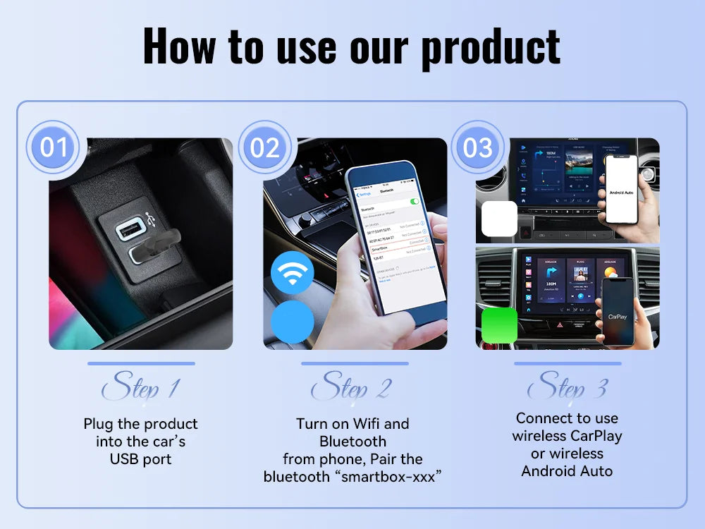Wired to Wireless CarPlay&Android Auto 2in1 Mini Adapter USB 5GHz WiFi Suitable for 99% of original wired carplay/auto cars