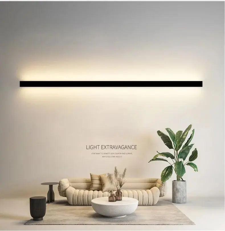 Modern minimalist bedroom, narrow and slender strip wall lamp at the head of the bed, background wall, room lighting decoration