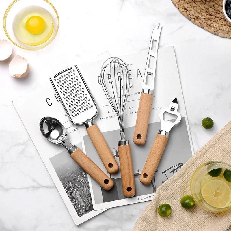 Kitchen Gadget Set with Wooden Handle, Stainless Steel Kitchen Tools Bottle/Can Opener, IceCream Scoop, Pizza Cutter, Peeler....
