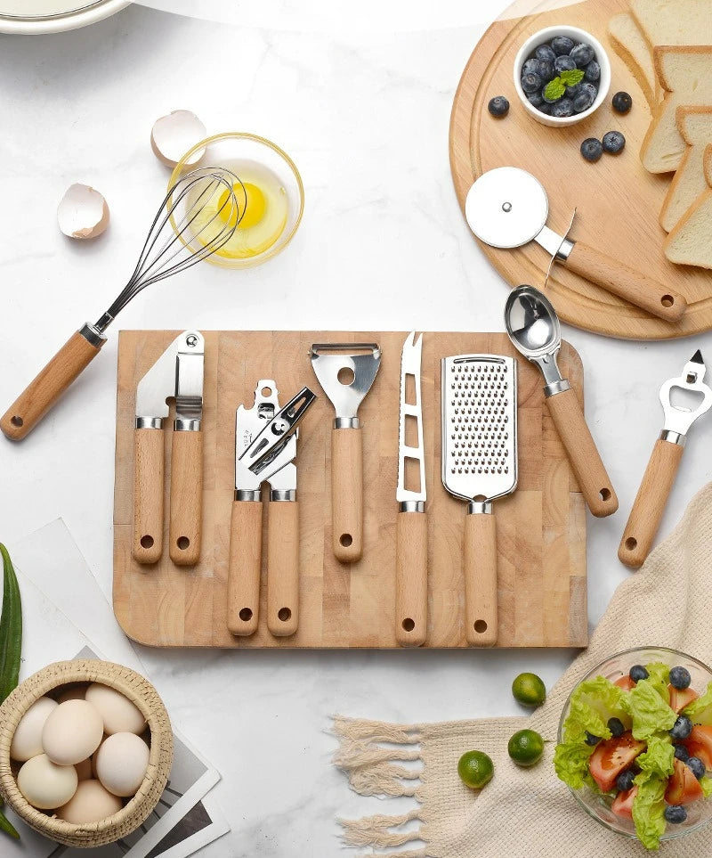 Kitchen Gadget Set with Wooden Handle, Stainless Steel Kitchen Tools Bottle/Can Opener, IceCream Scoop, Pizza Cutter, Peeler....