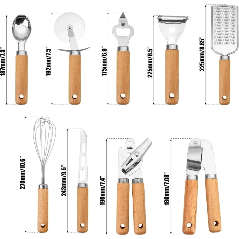 Kitchen Gadget Set with Wooden Handle, Stainless Steel Kitchen Tools Bottle/Can Opener, IceCream Scoop, Pizza Cutter, Peeler....