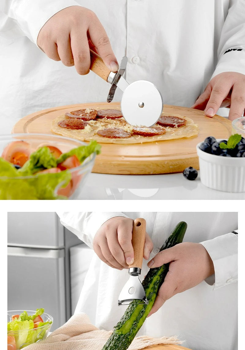 Kitchen Gadget Set with Wooden Handle, Stainless Steel Kitchen Tools Bottle/Can Opener, IceCream Scoop, Pizza Cutter, Peeler....