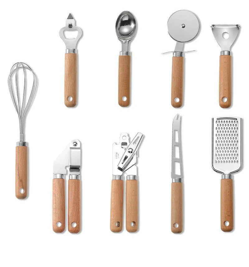 Kitchen Gadget Set with Wooden Handle, Stainless Steel Kitchen Tools Bottle/Can Opener, IceCream Scoop, Pizza Cutter, Peeler....
