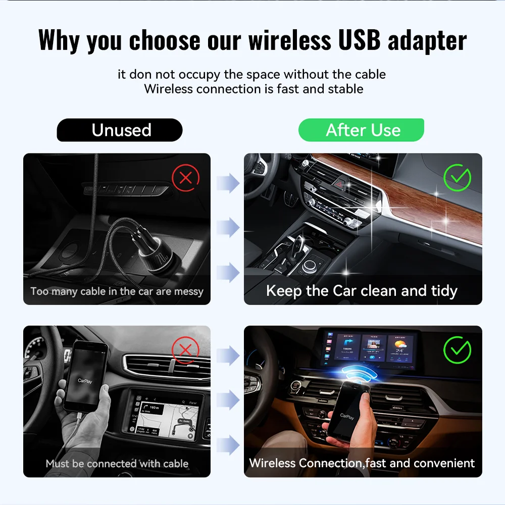 Wired to Wireless CarPlay&Android Auto 2in1 Mini Adapter USB 5GHz WiFi Suitable for 99% of original wired carplay/auto cars