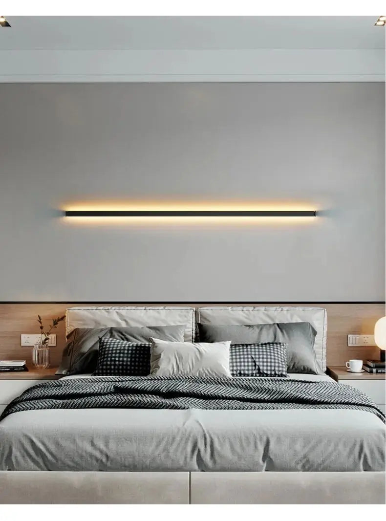 Modern minimalist bedroom, narrow and slender strip wall lamp at the head of the bed, background wall, room lighting decoration