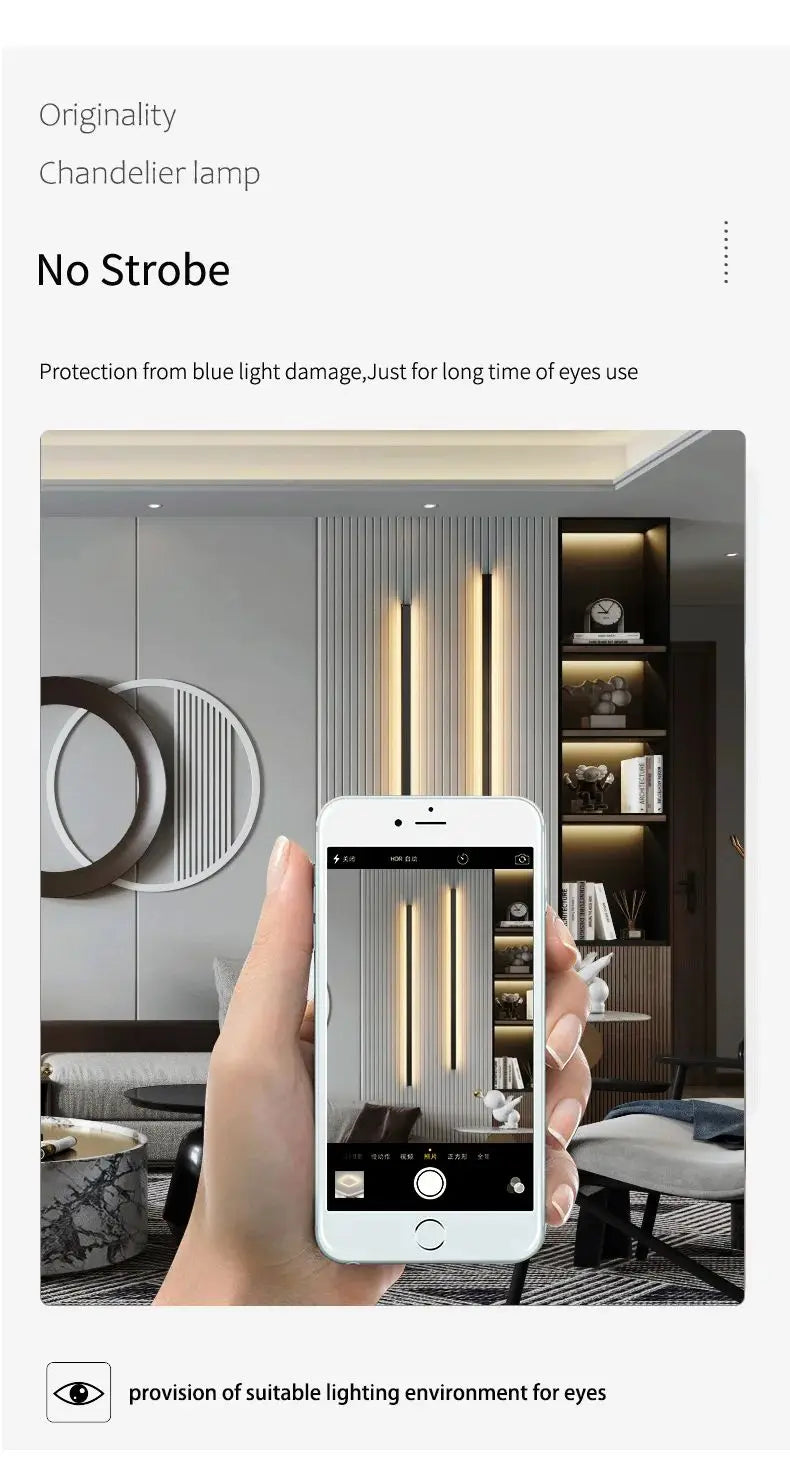 Modern minimalist bedroom, narrow and slender strip wall lamp at the head of the bed, background wall, room lighting decoration