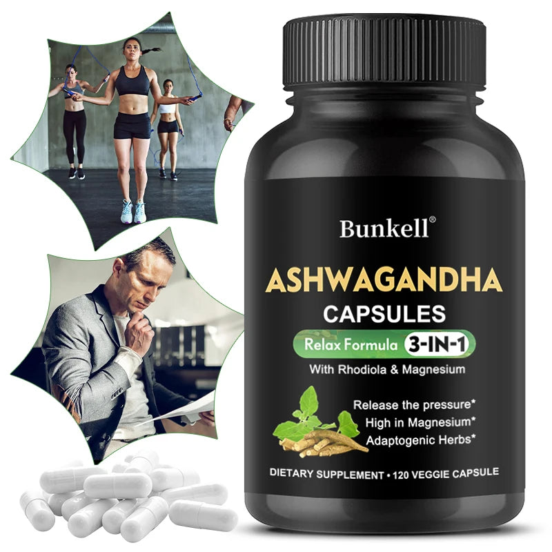 Ashwagandha + Magnesium Capsules - Provide Energy, Strength, Vitality, and Performance for Men and Women, and Promote Sleep.