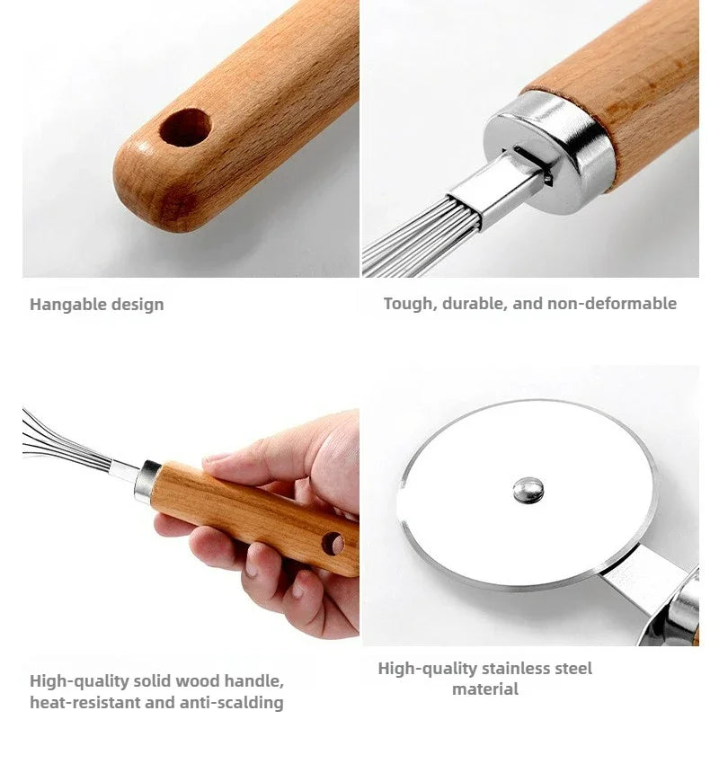 Kitchen Gadget Set with Wooden Handle, Stainless Steel Kitchen Tools Bottle/Can Opener, IceCream Scoop, Pizza Cutter, Peeler....