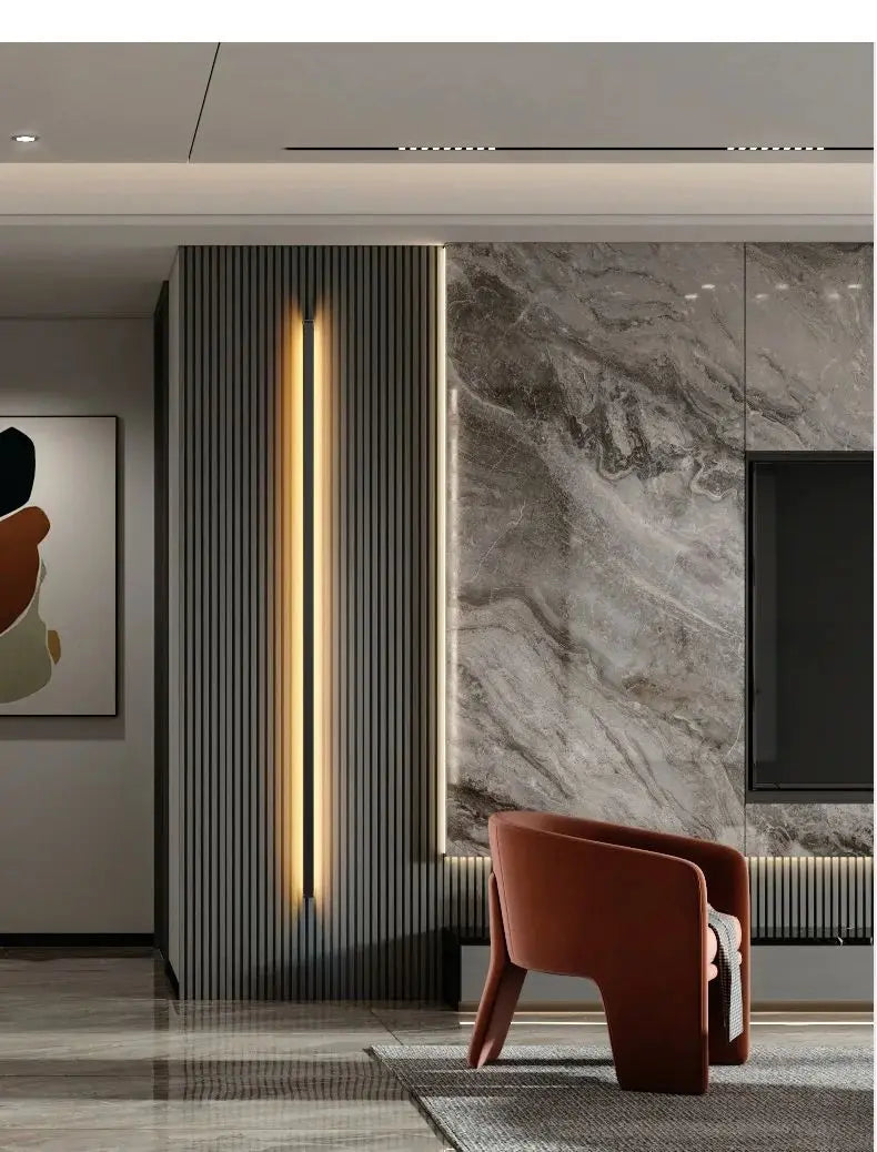 Modern minimalist bedroom, narrow and slender strip wall lamp at the head of the bed, background wall, room lighting decoration