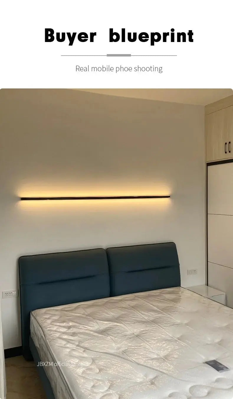 Modern minimalist bedroom, narrow and slender strip wall lamp at the head of the bed, background wall, room lighting decoration