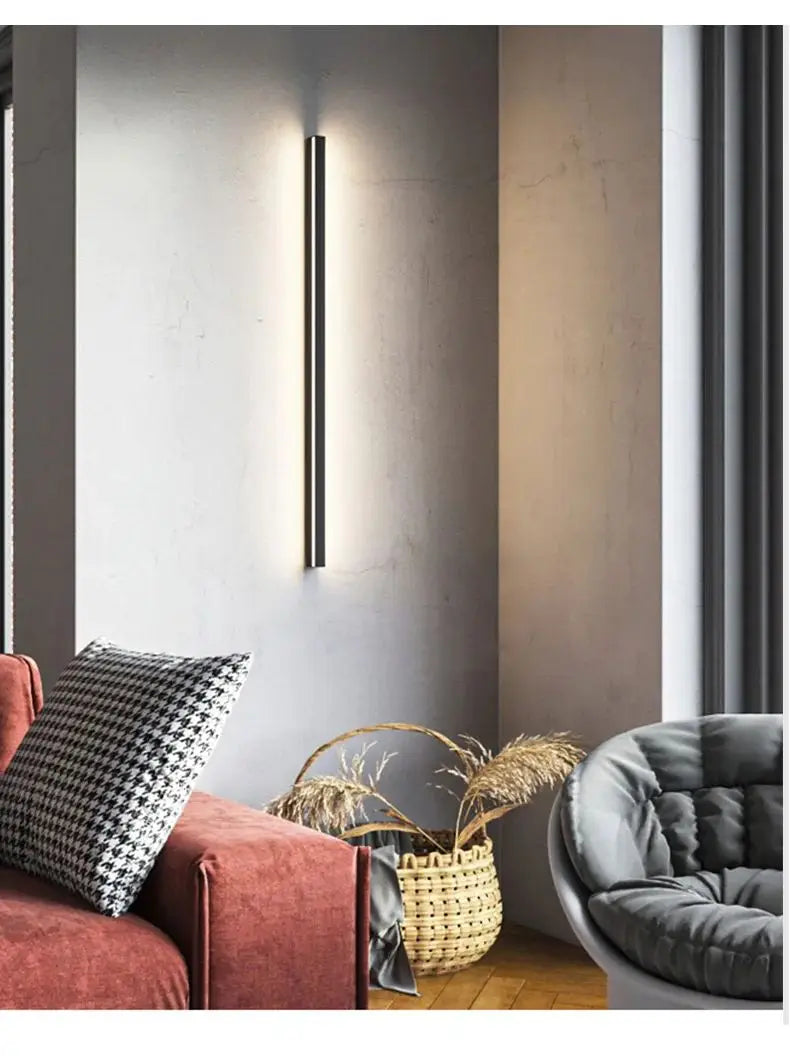 Modern minimalist bedroom, narrow and slender strip wall lamp at the head of the bed, background wall, room lighting decoration