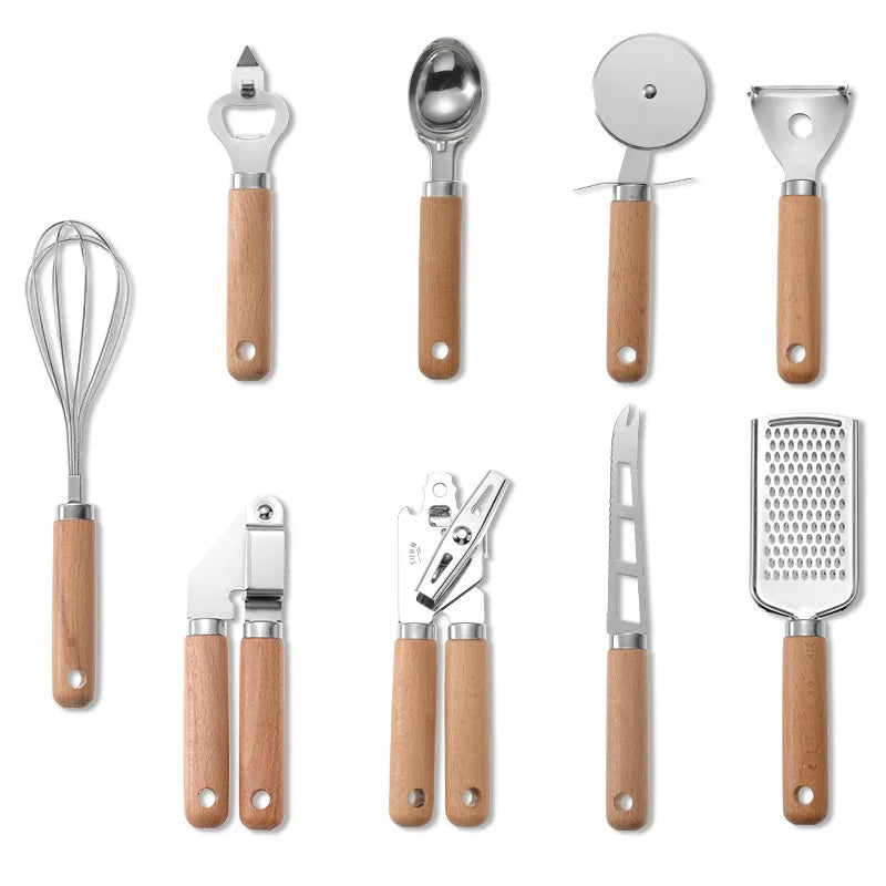 Kitchen Gadget Set with Wooden Handle, Stainless Steel Kitchen Tools Bottle/Can Opener, IceCream Scoop, Pizza Cutter, Peeler....