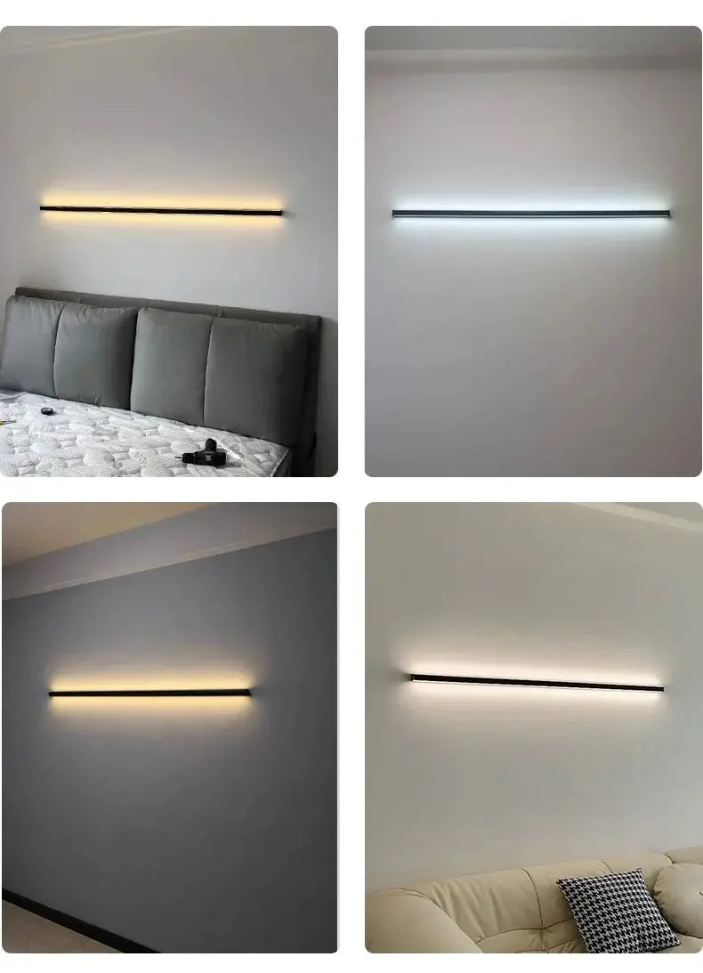 Modern minimalist bedroom, narrow and slender strip wall lamp at the head of the bed, background wall, room lighting decoration